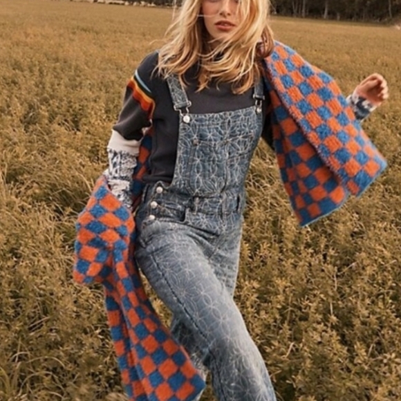 Free People Checkered Tote and Scarf Set Orange and Blue. - Picture 2 of 15